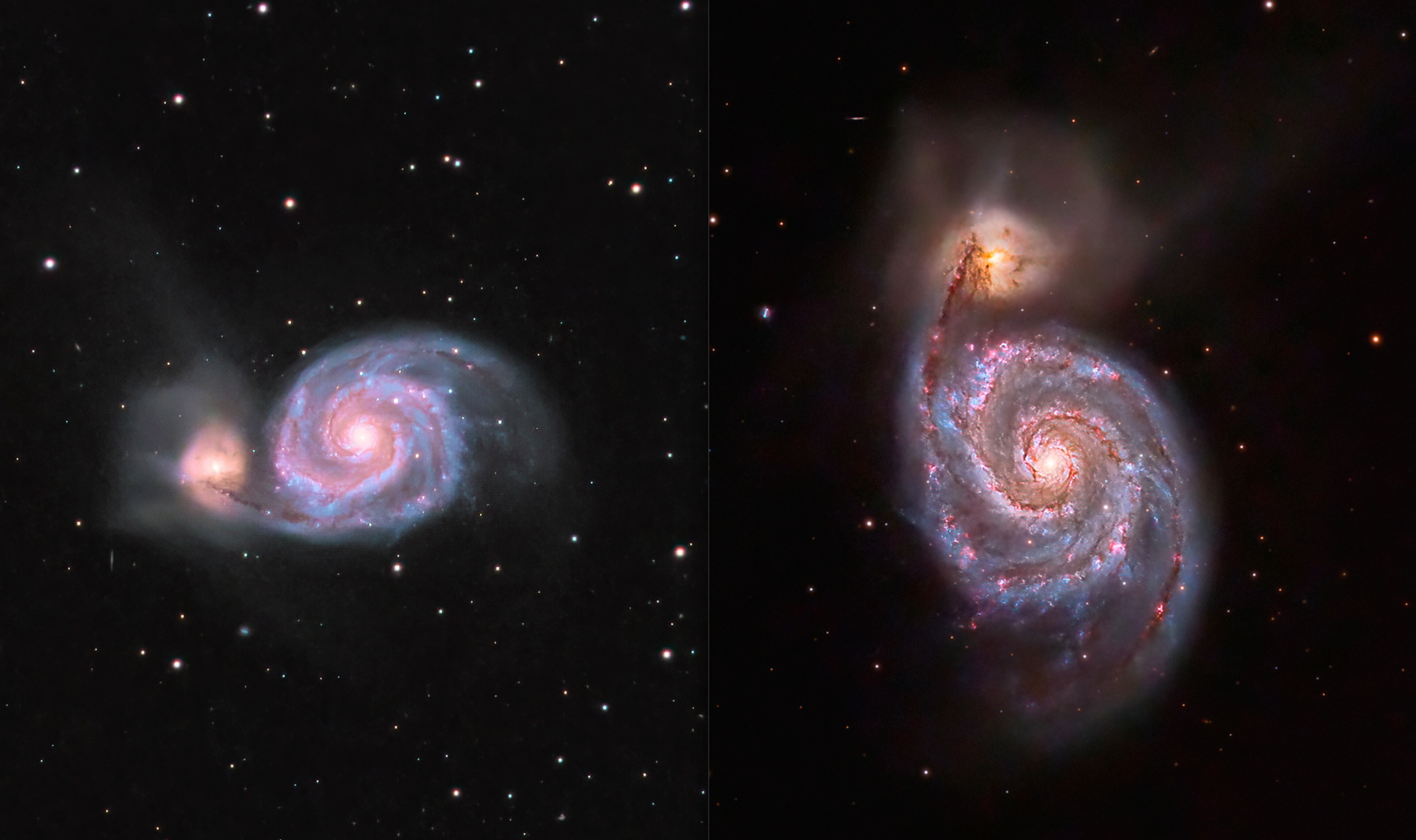 2 versions de traitement de la photo de la galaxie M51 du Tourbillon dans la constellation des Chiens de chasse - Luc Germain